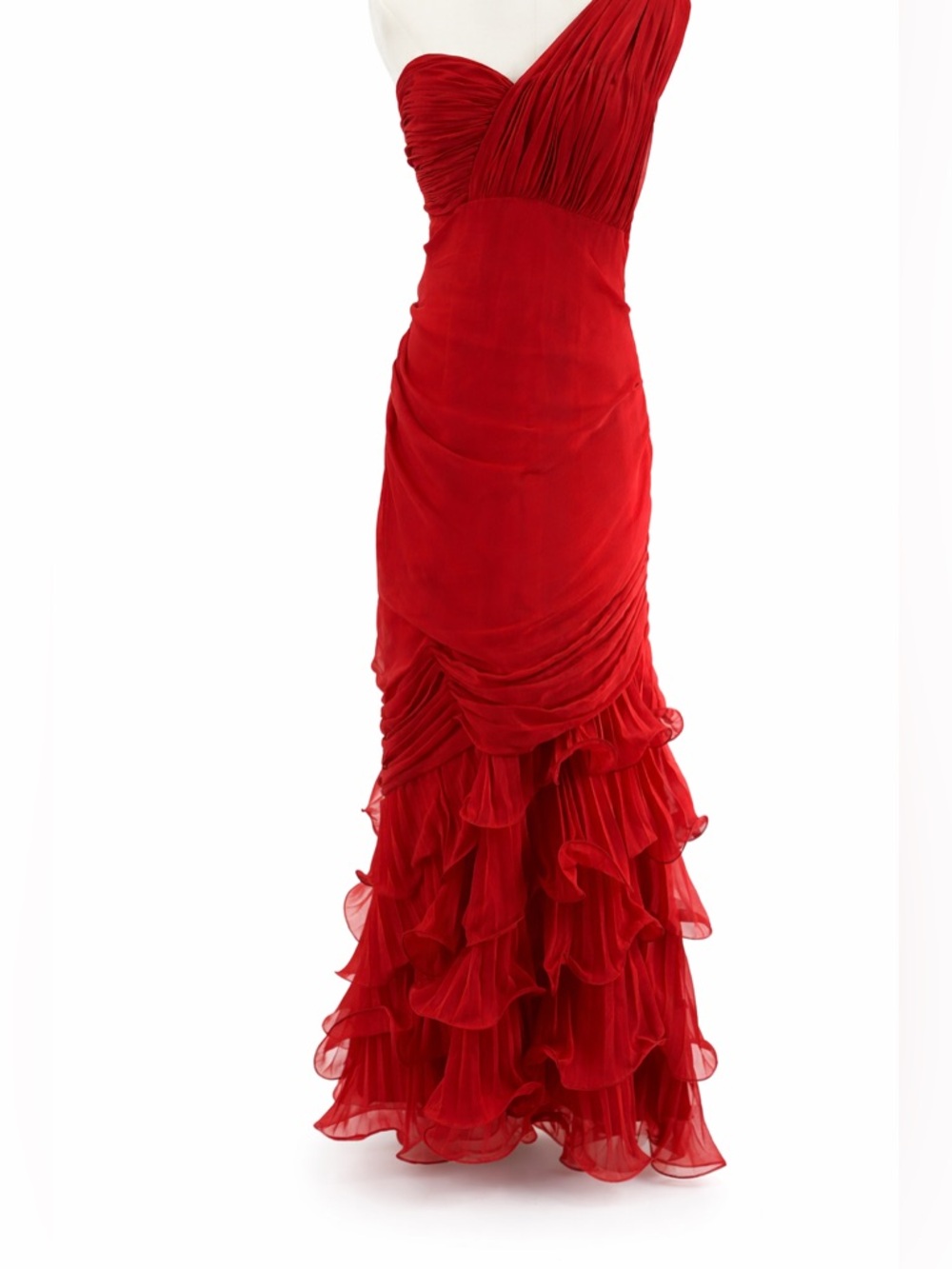 Dalia MacPhee Red One Shoulder Ruffle  Evening Gown Ruched Chiffon Formal  Dress - Picture 2 of 16